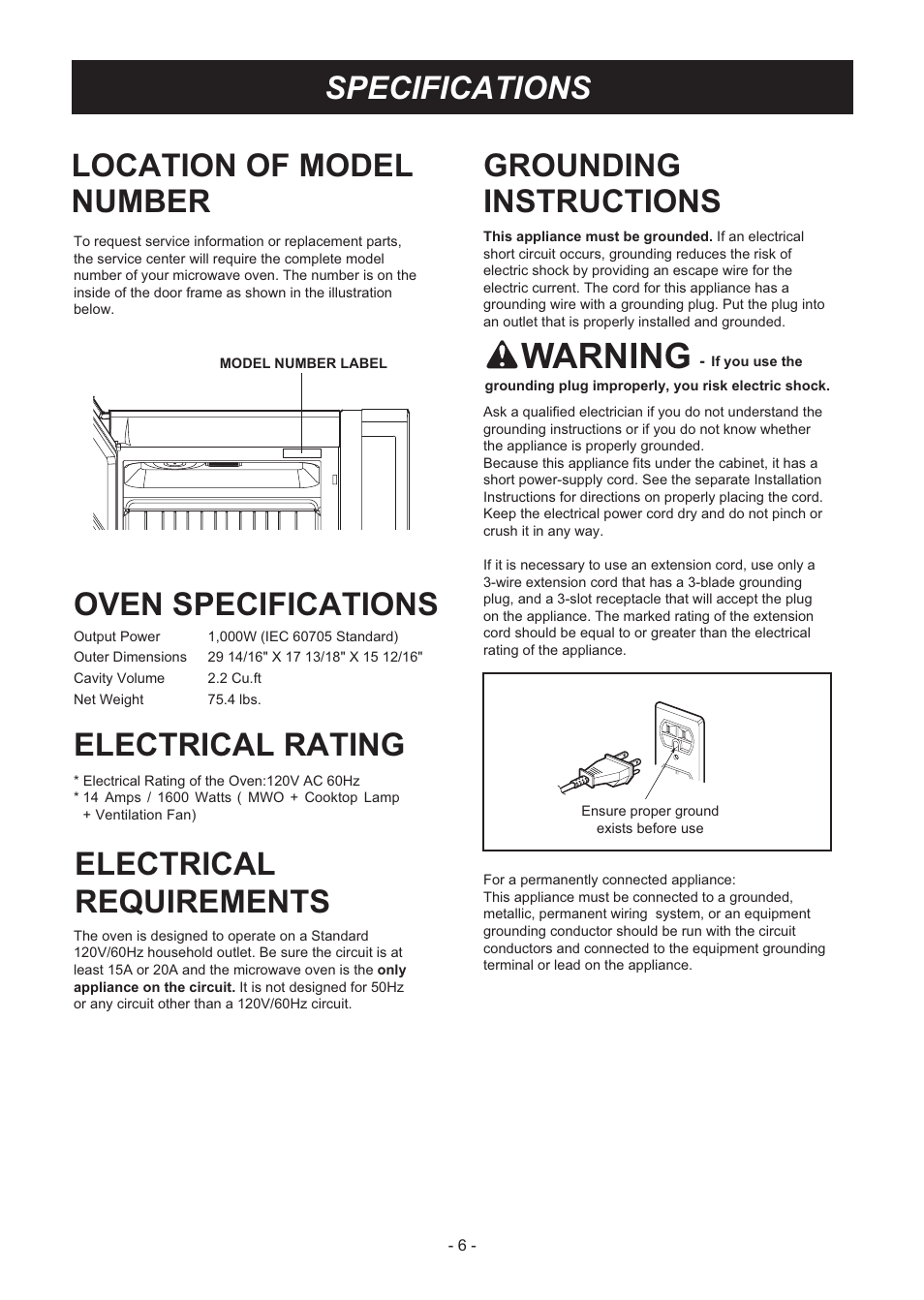 Warning, Location of model number, Oven specifications LG LMHM2237ST User Manual Page 6 / 32