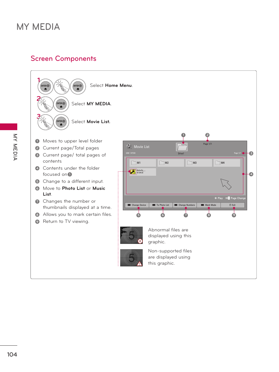 Screen components, My media, My m ed ia | LG 55LX9500 User Manual