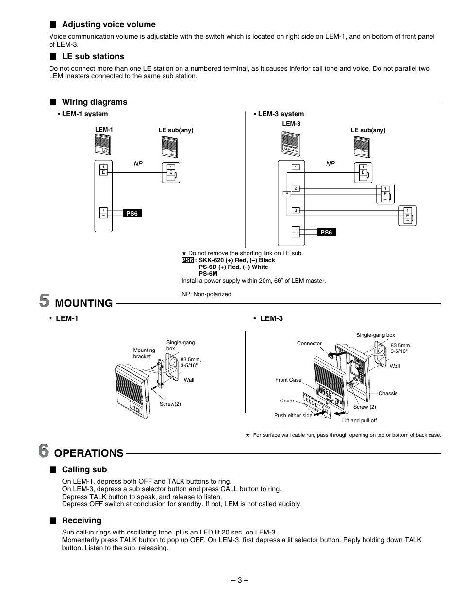 Mounting, Operations, Adjusting voice volume | Aiphone LEM-3 User