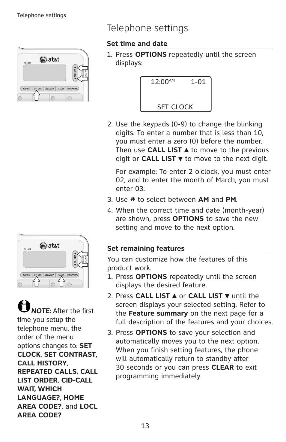 Telephone settings | AT&T CL2909 User Manual | Page 19 / 49