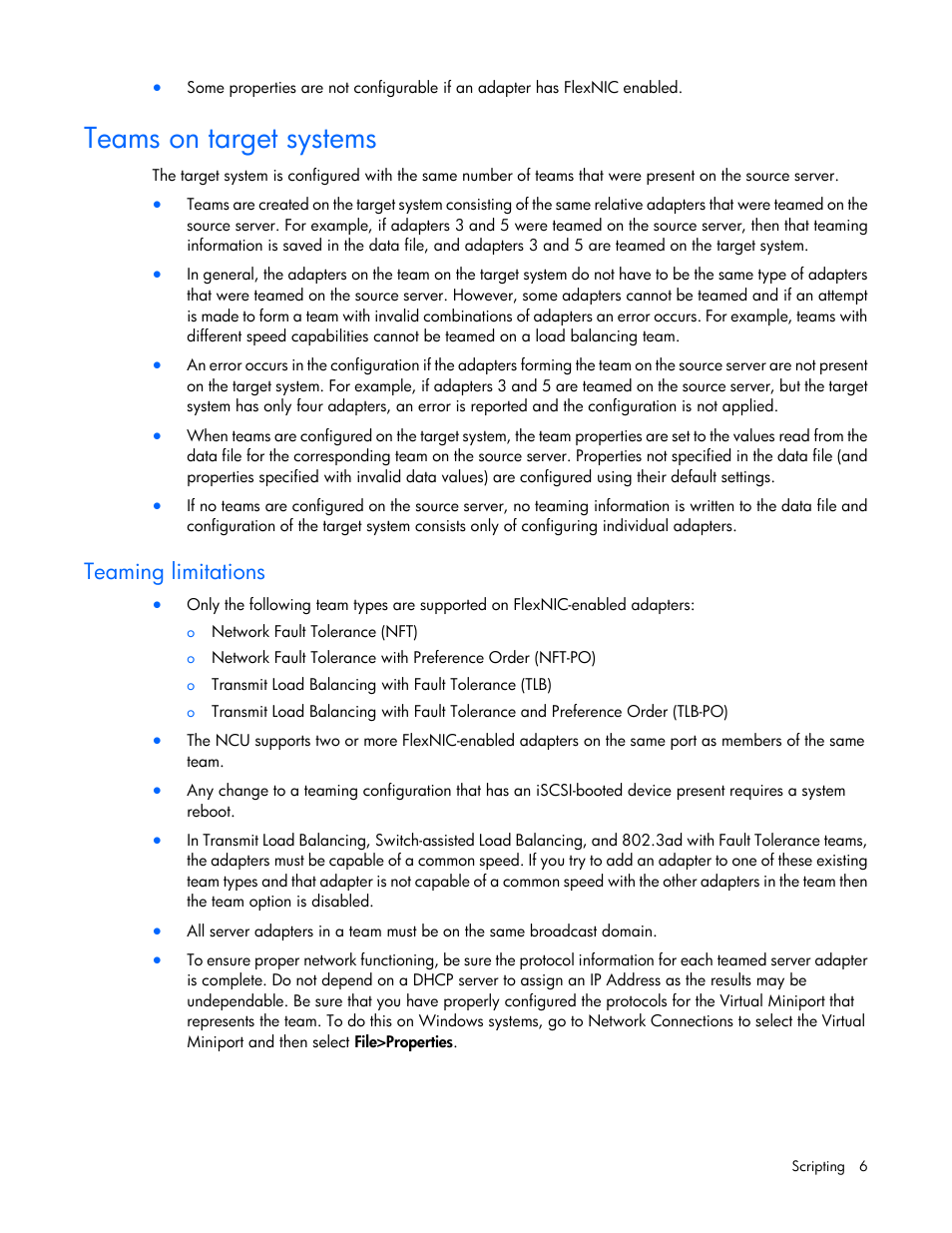 Teams on target systems, Teaming limitations HP ProLiant Network