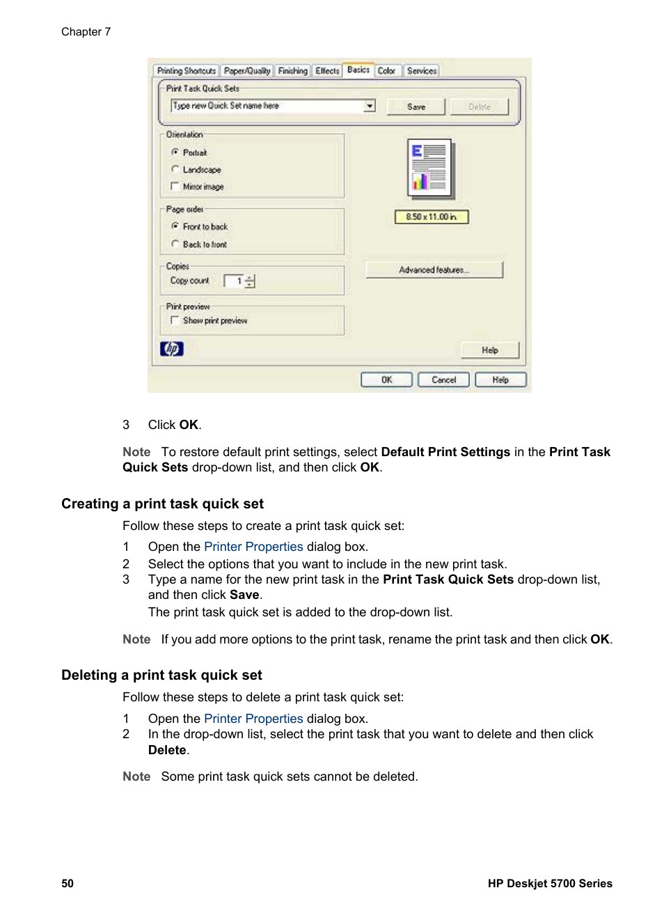 Creating a print task quick set, Deleting a print task quick set | HP