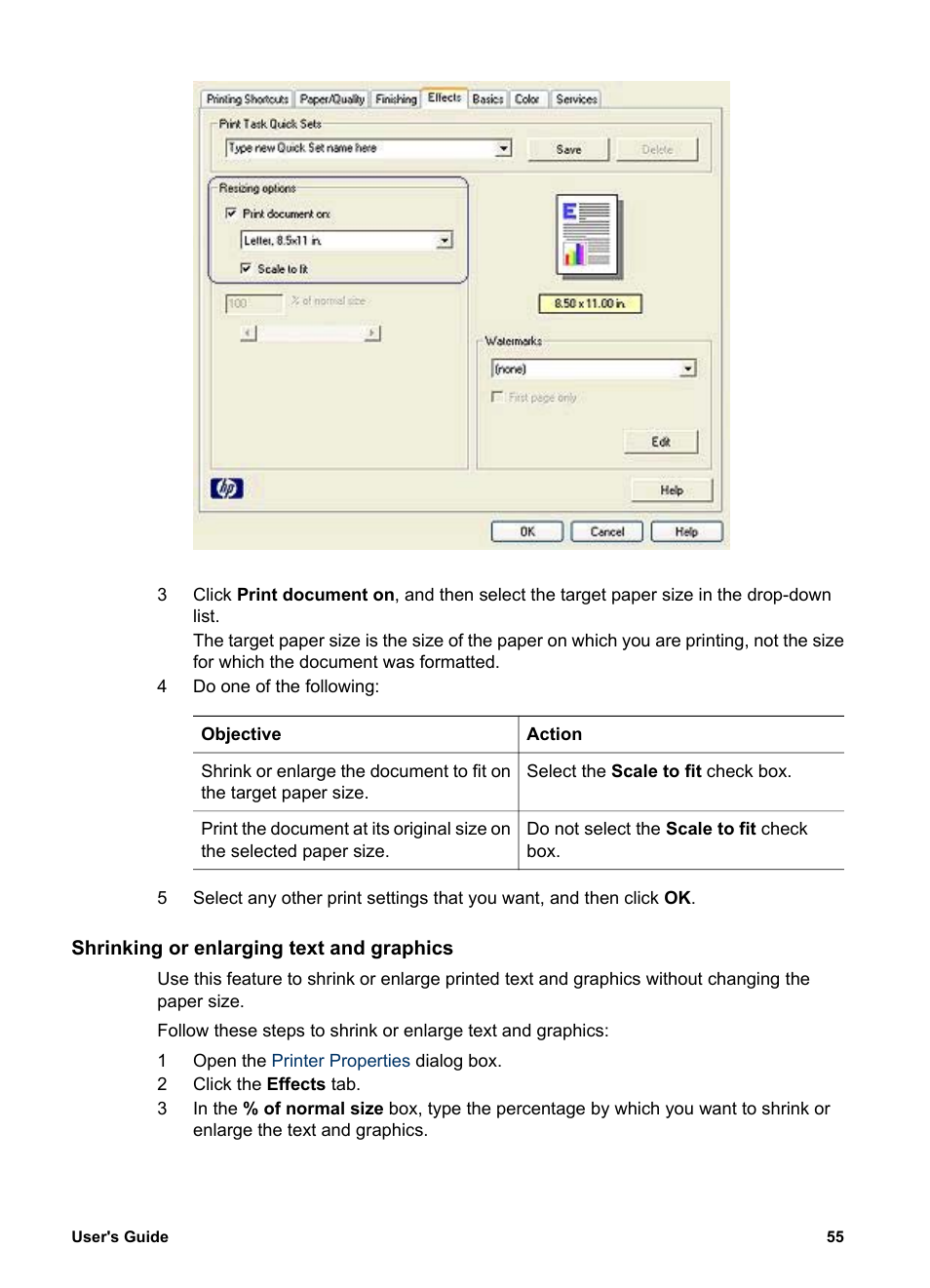 Shrinking or enlarging text and graphics, Shrink or enlarge | HP