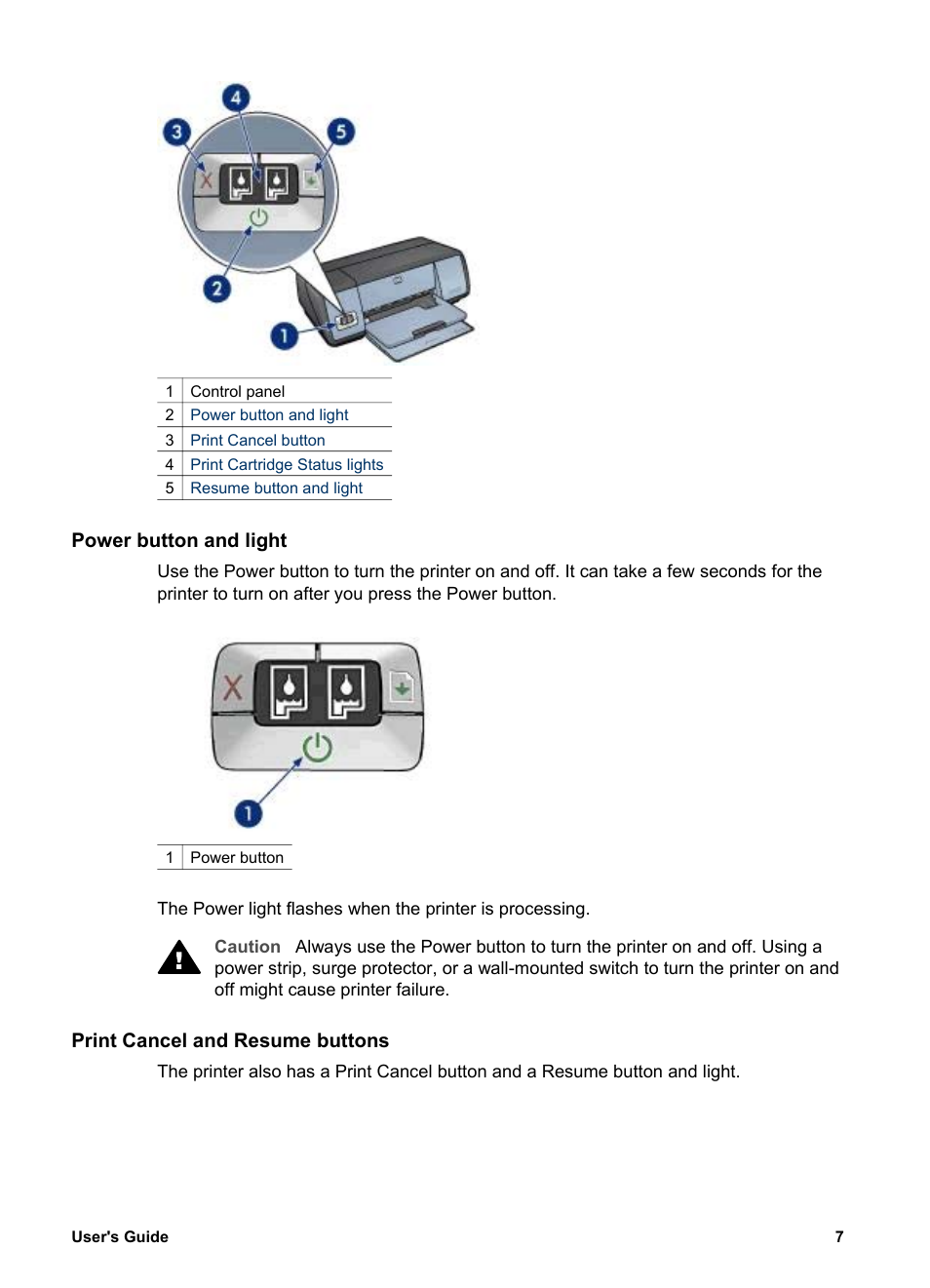 Power button and light, Print cancel and resume buttons | HP Deskjet