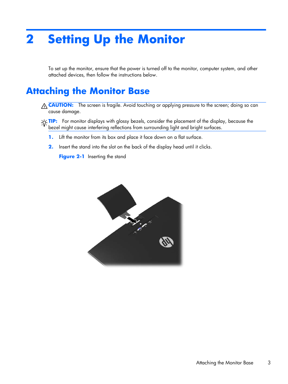 Setting up the monitor, Attaching the monitor base, 2 setting up the