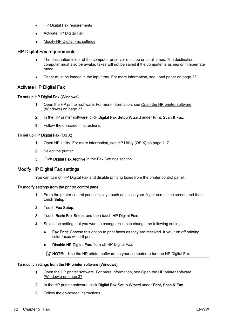 Hp digital fax requirements, Activate hp digital fax, Modify hp digital