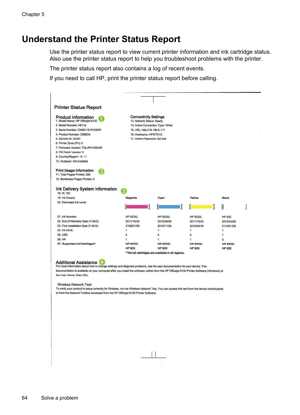 Understand the printer status report | HP Officejet 6100 User Manual
