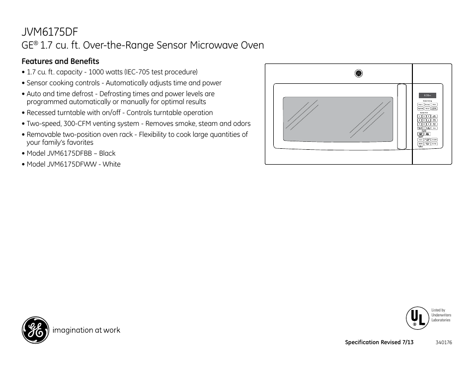 Jvm6175df, 7 cu. ft. over-the-range sensor microwave oven | GE