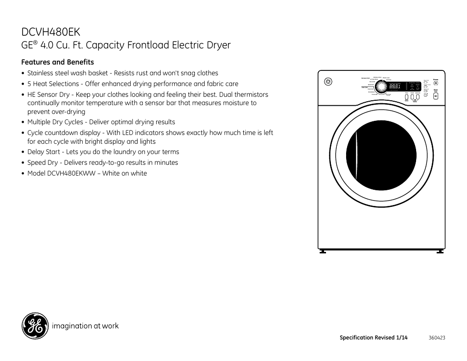 Dcvh480ek, 0 cu. ft. capacity frontload electric dryer, Features and