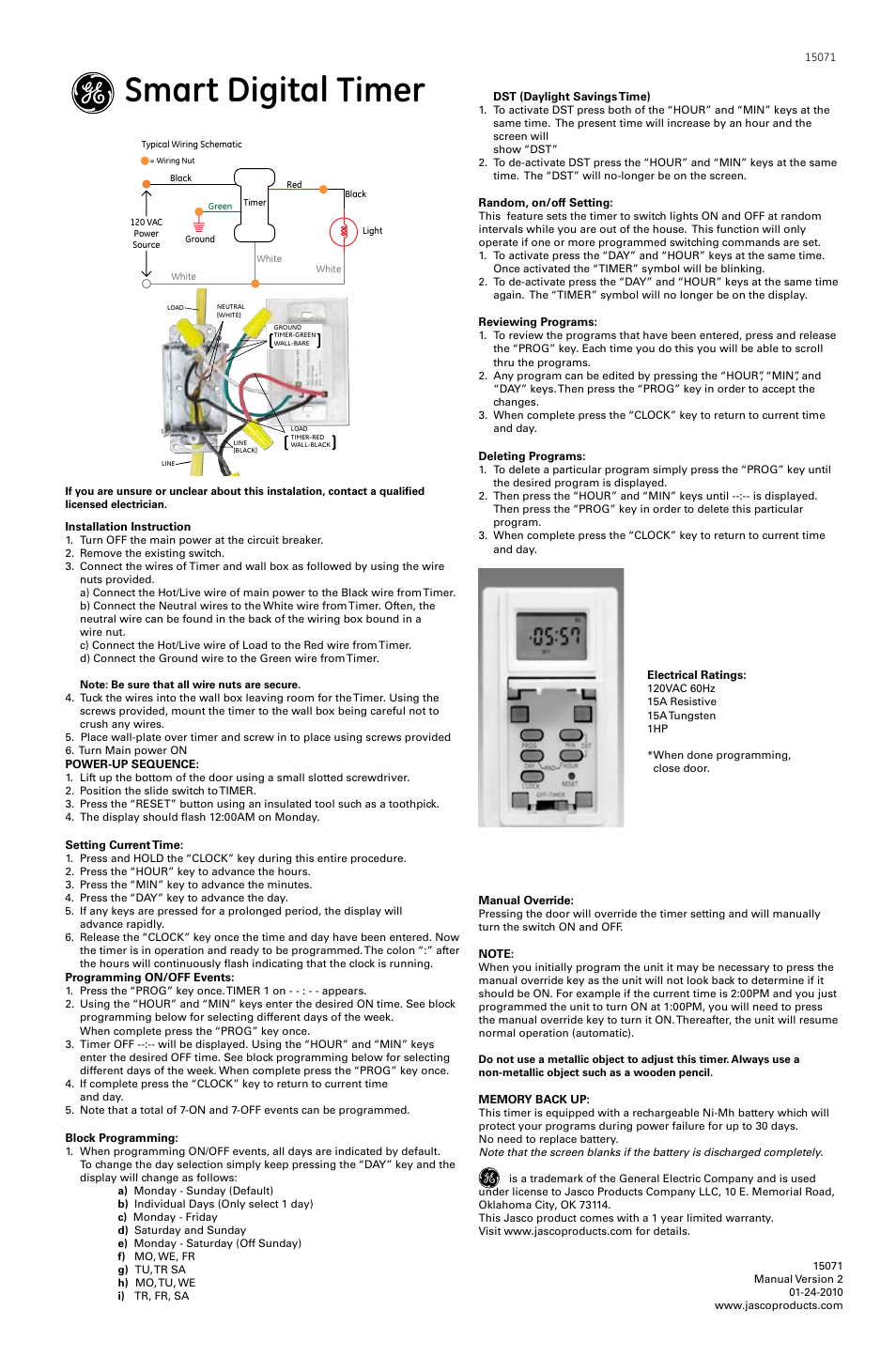 GE In-Wall 15071 GE Smart Digital Timer User Manual | 1 page
