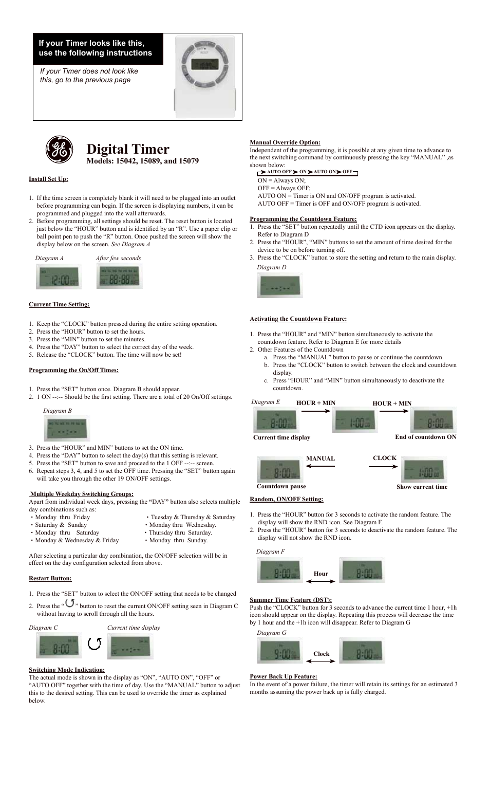 Digital timer | GE 15433 Plug-In Digital Timer version 1 & 2 User