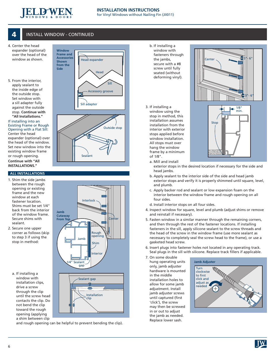 Installation instructions, Install window - continued | JELD-WEN JII011