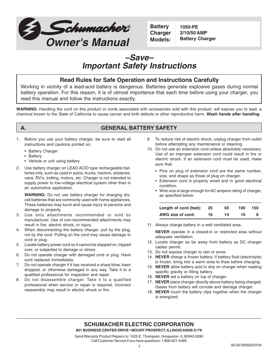 Schumacher 1050-PE User Manual | 8 pages