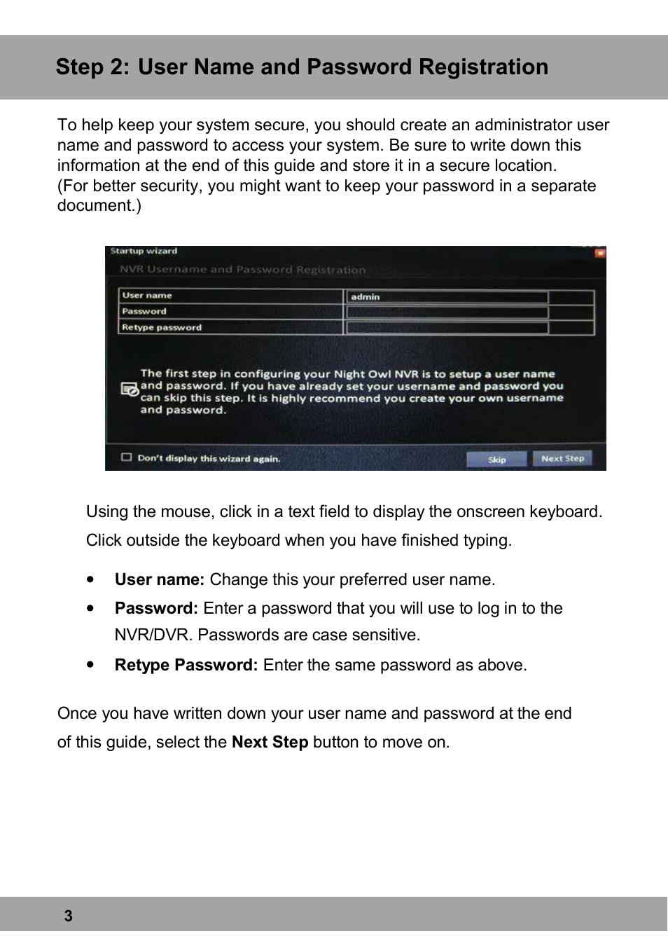 Step 2, User name and password registration | Night Owl X9-88-2TB