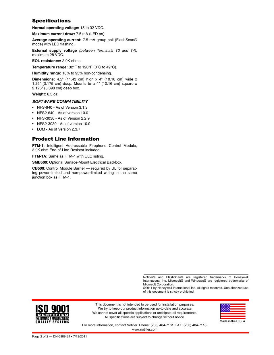 Specifications, Product line information | Notifier FTM-1(A) User