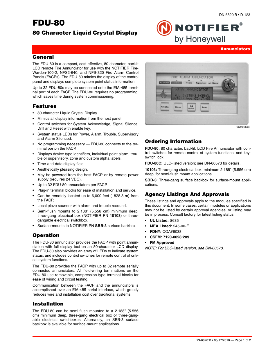 Notifier FDU-80 User Manual | 2 pages