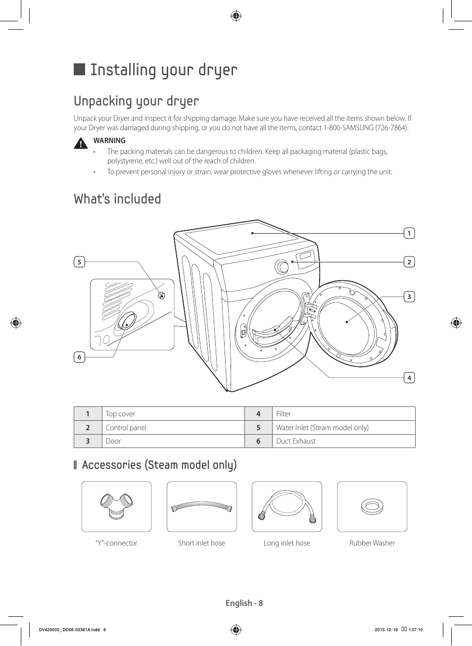 Installing your dryer, Unpacking your dryer, What’s included | Samsung