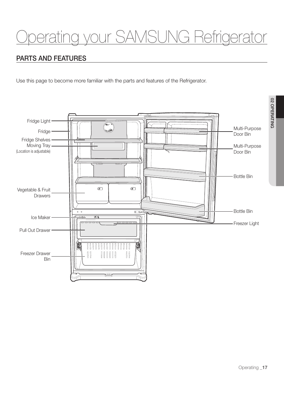 Operating your samsung refrigerator, Parts and features | Samsung