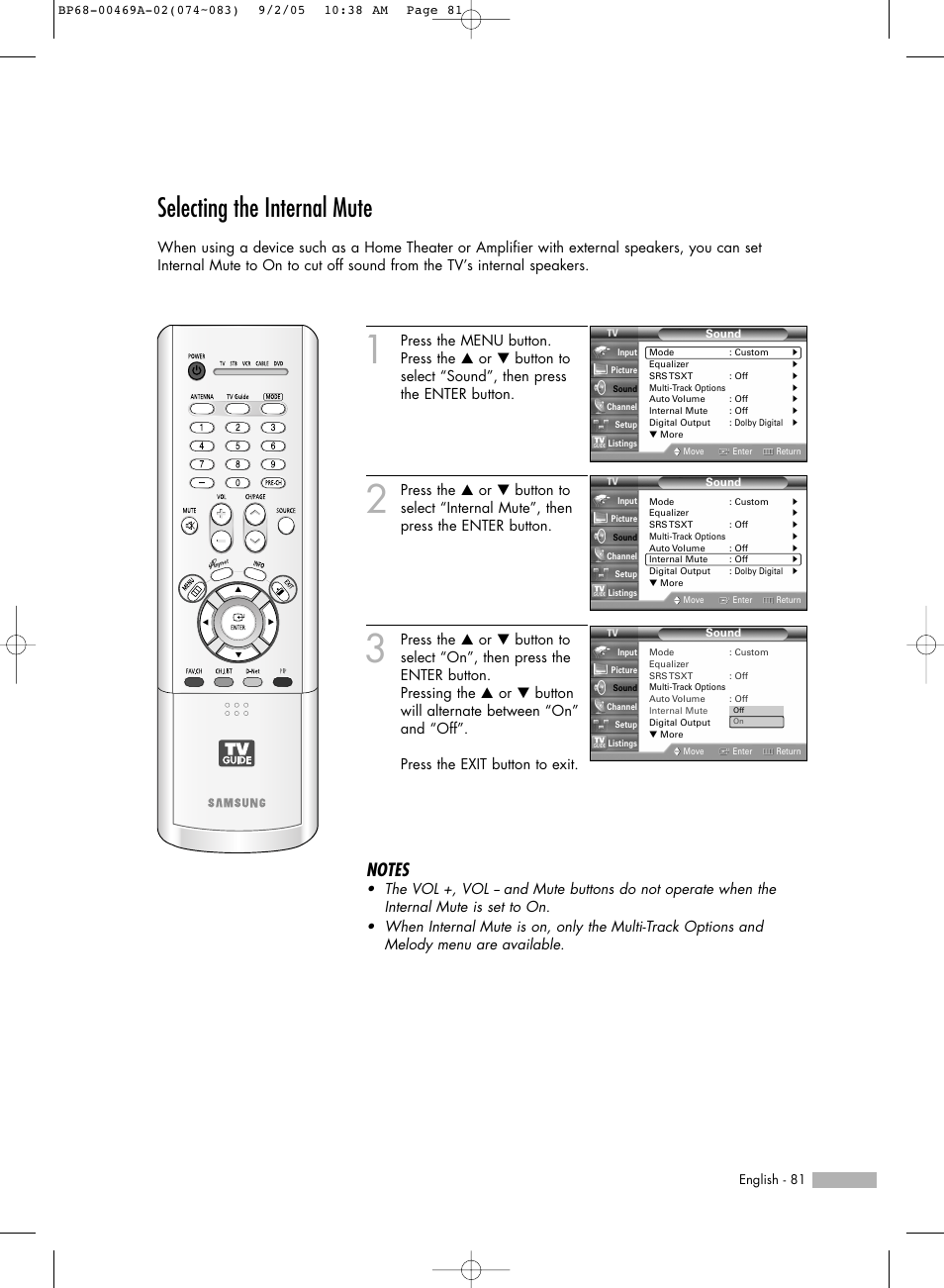 Selecting the internal mute | Samsung HLR6167WAX-XAA User Manual | Page
