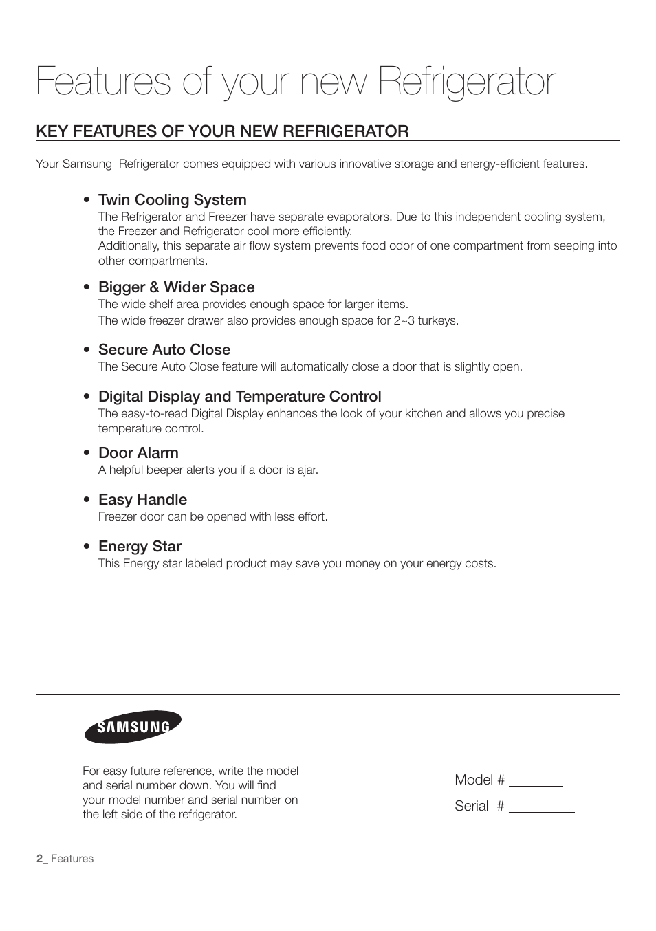 Features of your new refrigerator | Samsung RF197ACWP-XAA User Manual