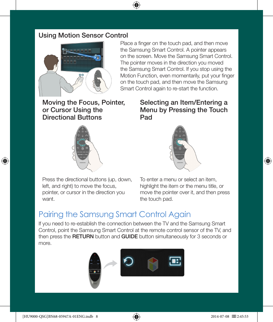 Pairing the samsung smart control again | Samsung UN55HU9000FXZA User
