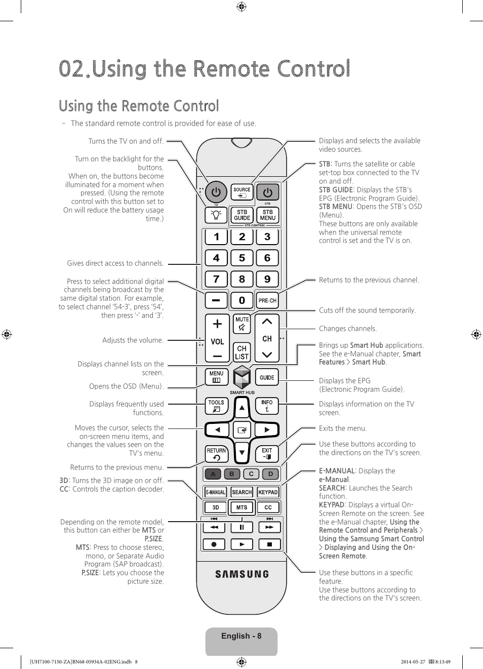 Using the remote control | Samsung UN55H7150AFXZA User Manual | Page 8 / 40