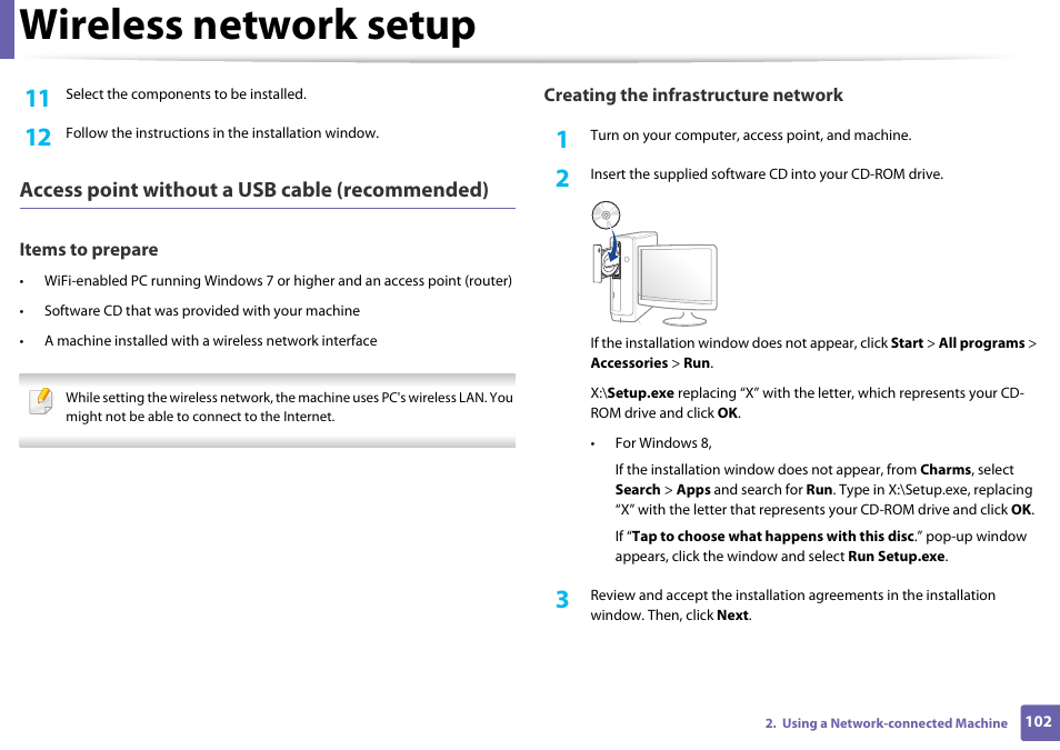 Wireless network setup, Access point without a usb cable (recommended