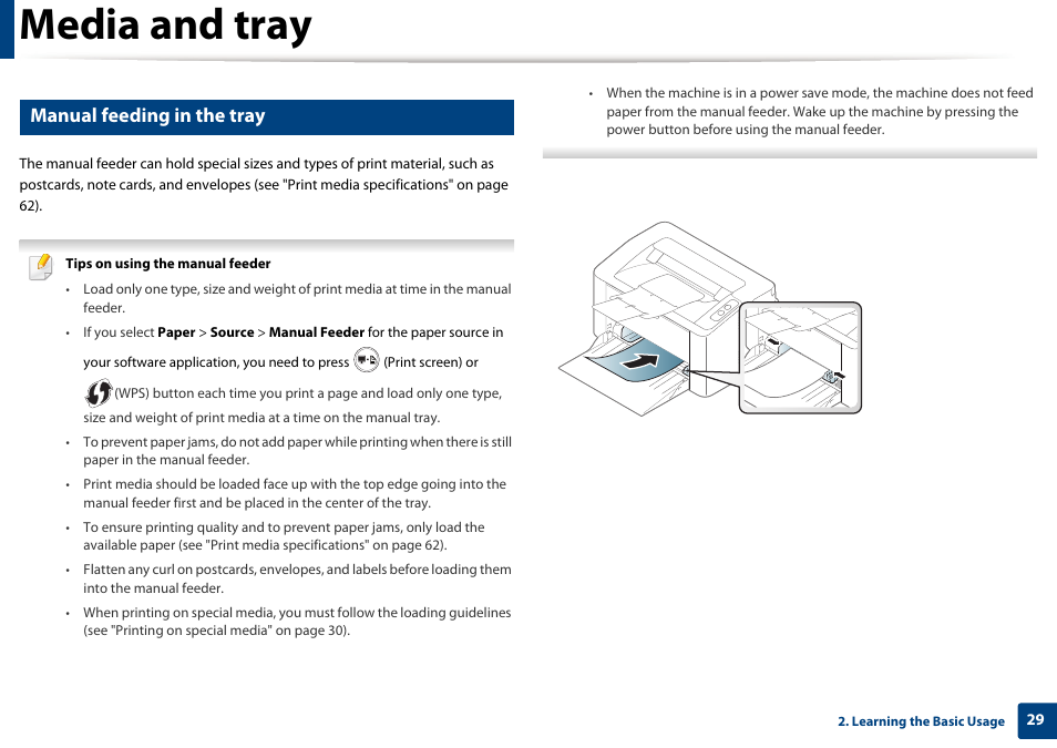 Media and tray, Manual feeding in the tray | Samsung SL-M2020W-XAA User