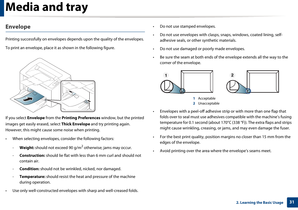 Media and tray, Envelope | Samsung SL-M2020W-XAA User Manual | Page 31