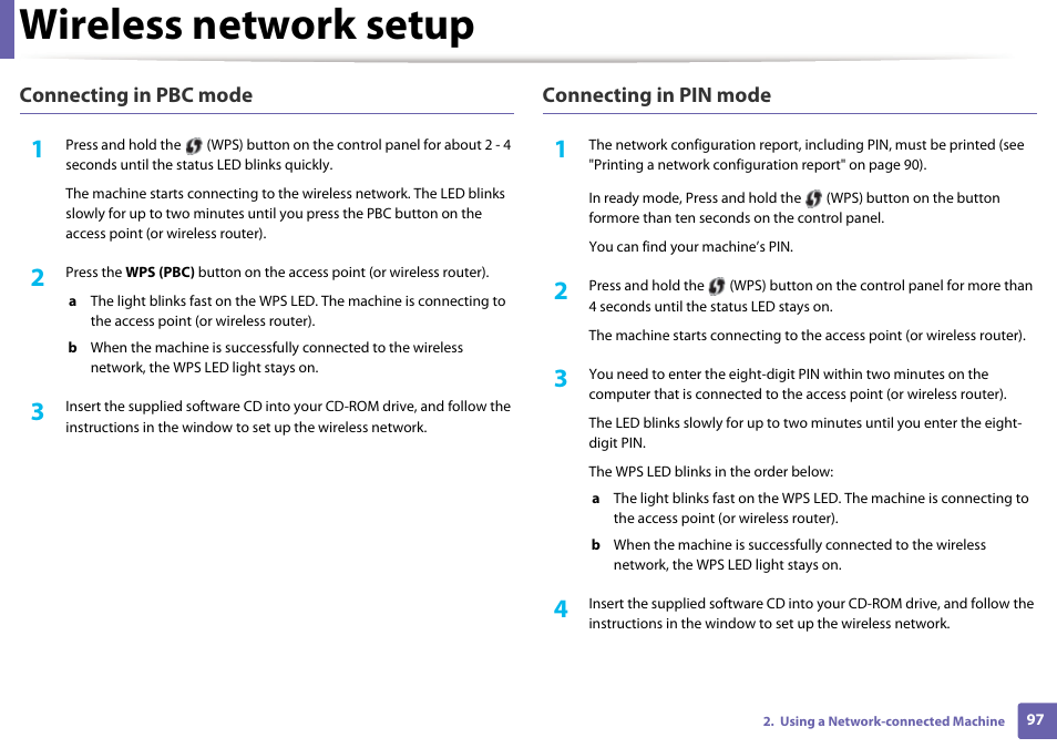 Wireless network setup | Samsung SL-M2020W-XAA User Manual | Page 97 / 199