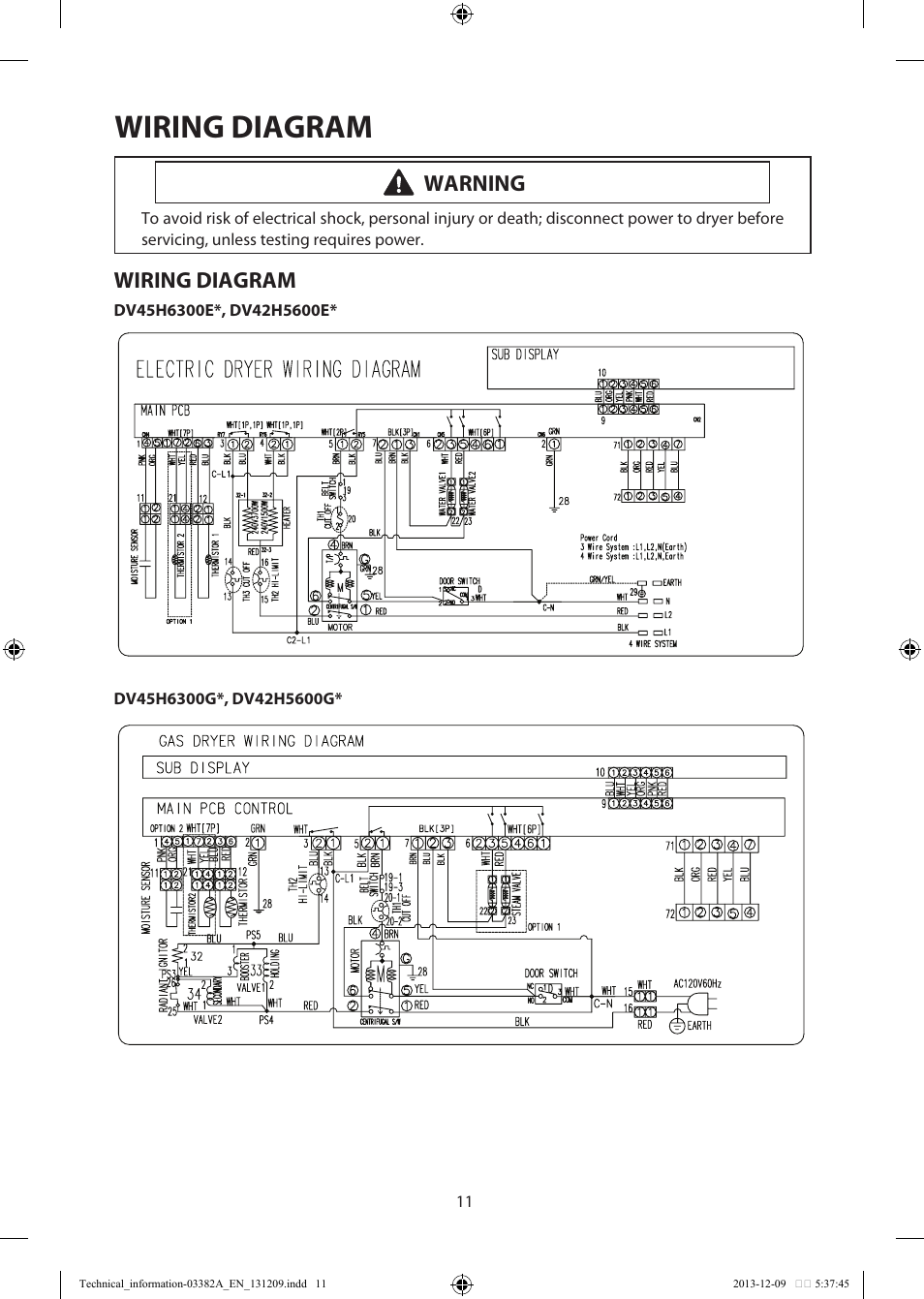 Wiring diagram, Warning | Samsung DV42H5200EF-A3 User Manual | Page 11 / 36