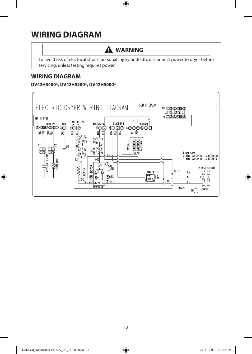 Wiring diagram, Warning | Samsung DV42H5200EF-A3 User Manual | Page 12 / 36