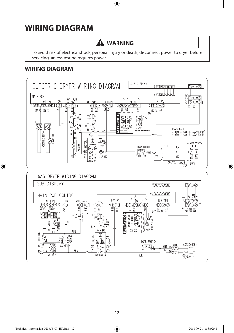 Wiring diagram, Warning | Samsung DV448AEP-XAA User Manual | Page 12 / 12