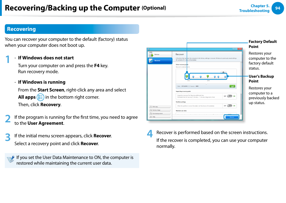 Recovering/backing up the computer | Samsung DP500A2D-K01UB User Manual