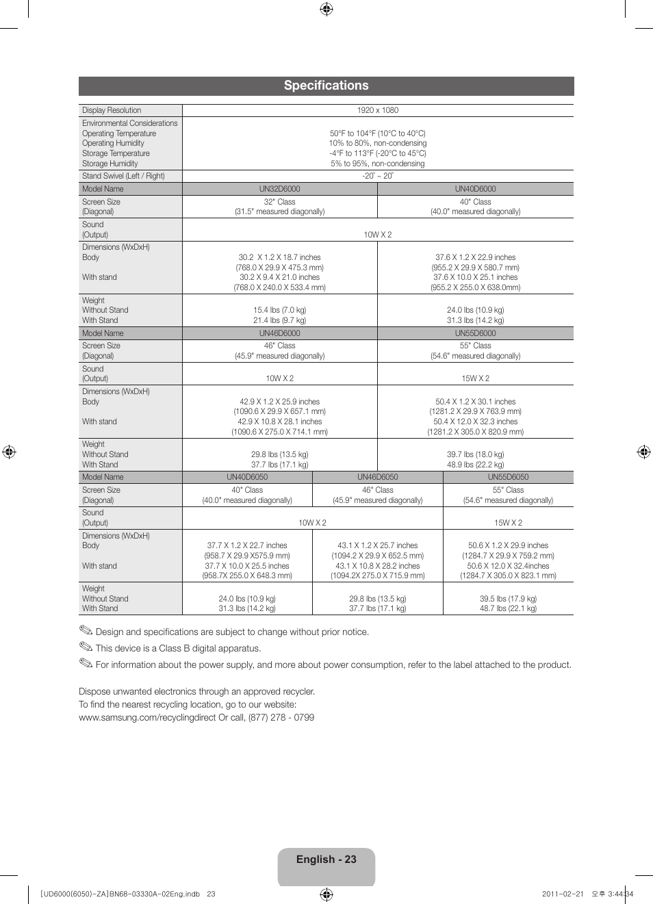 Specifications | Samsung UN32D6000SFXZA User Manual | Page 23 / 25