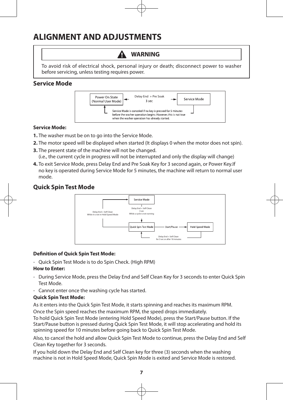 Alignment and adjustments, Service mode, Quick spin test mode | Samsung