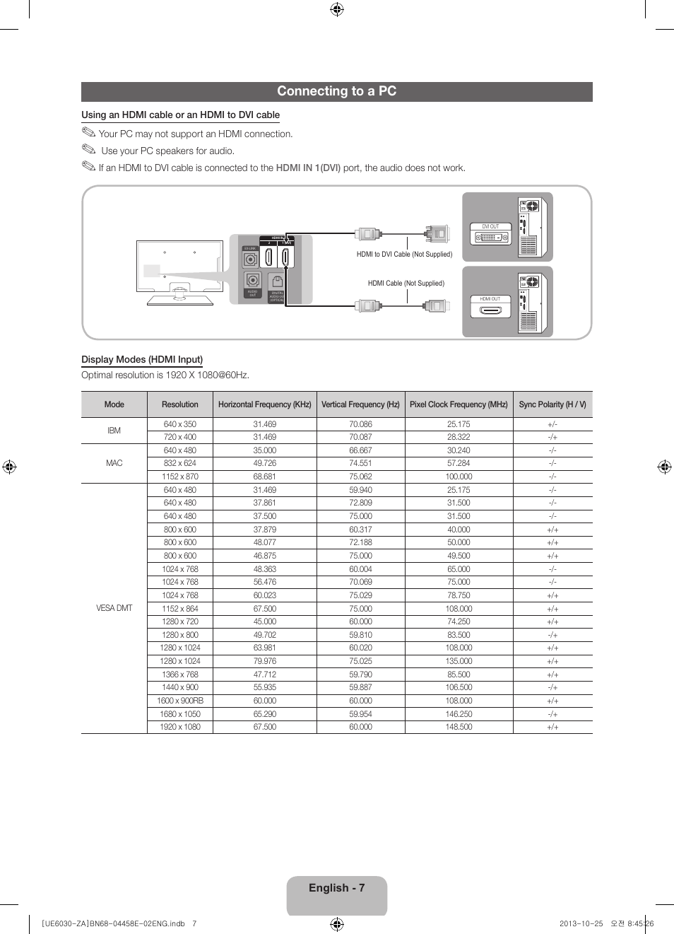 Connecting to a pc | Samsung UN40FH6030FXZA User Manual | Page 7 / 23