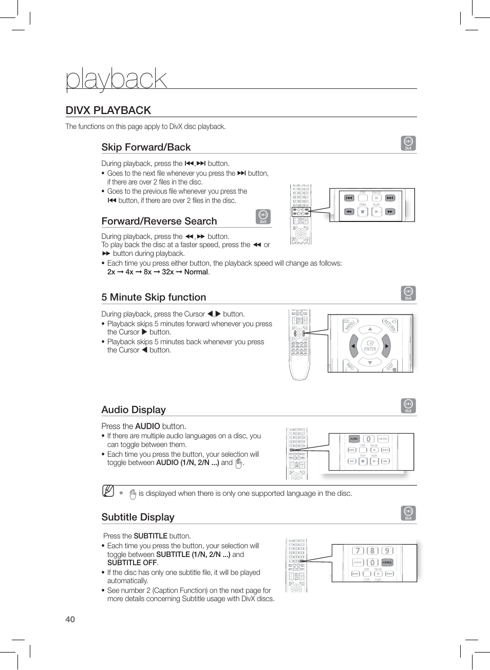 Playback, Divx playback | Samsung HT-Z420T-XAA User Manual | Page 40 / 78
