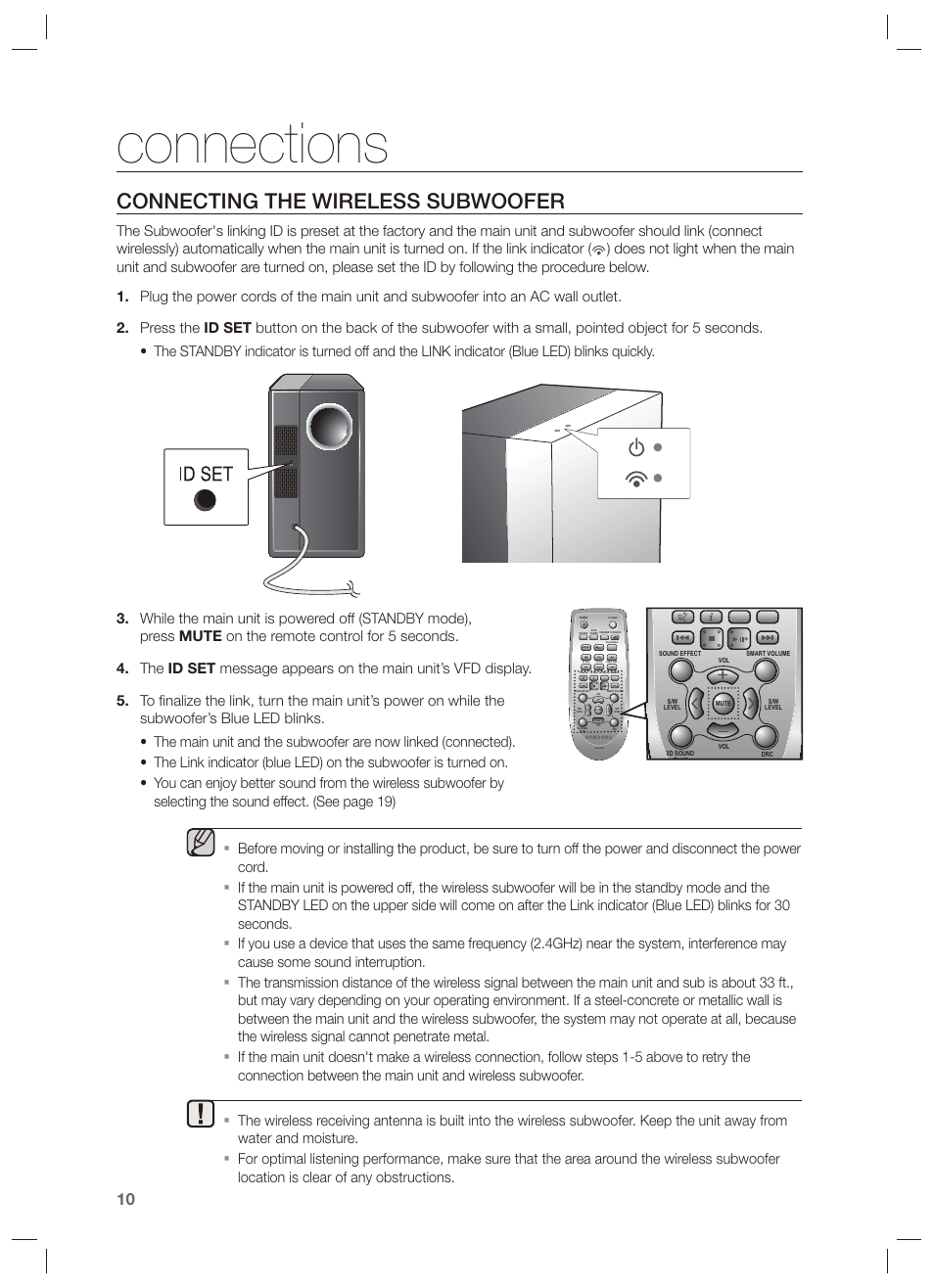 Connecting the wireless subwoofer, Connections | Samsung HW-F450-ZA