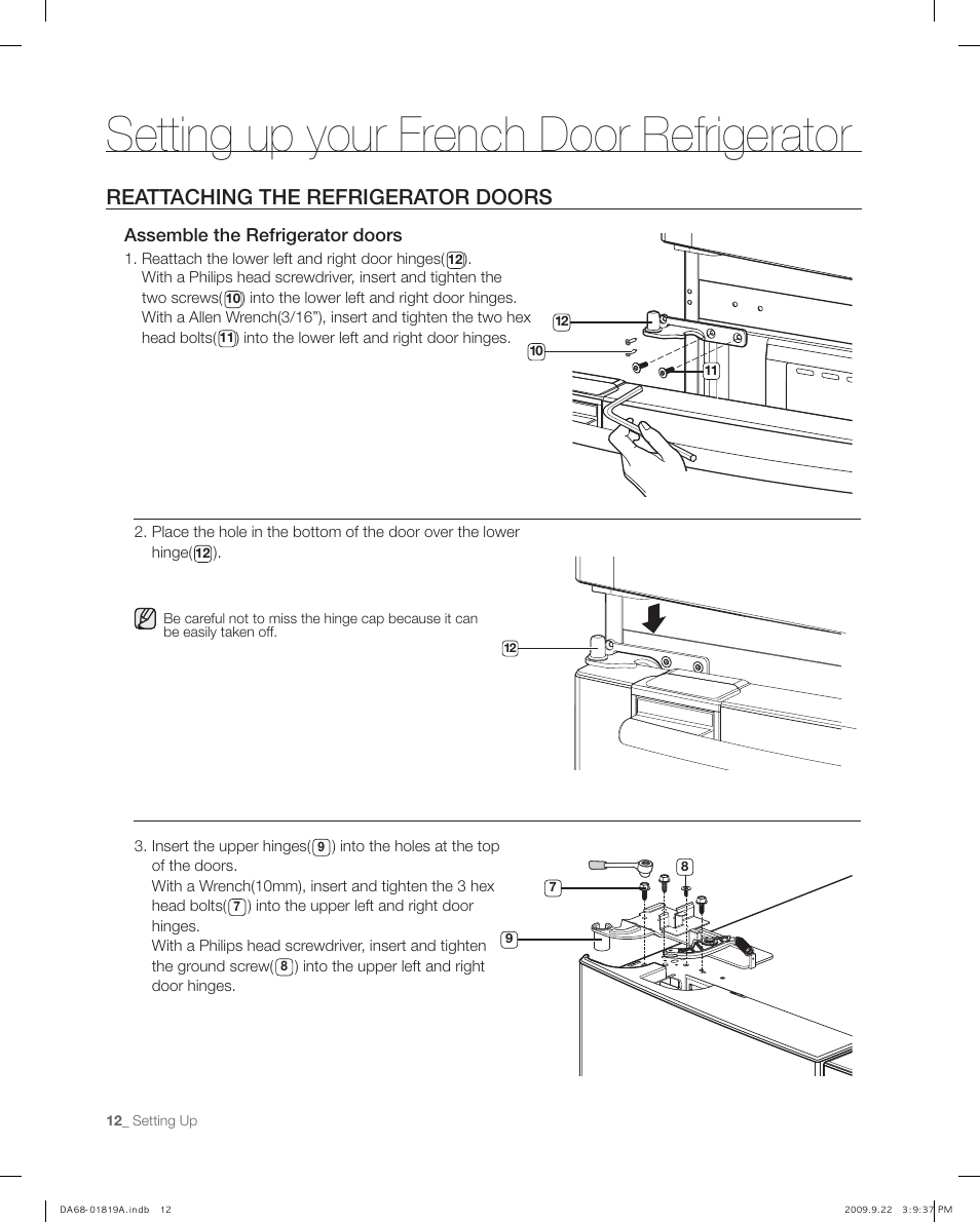 Reattaching the refrigerator doors, Setting up your french door