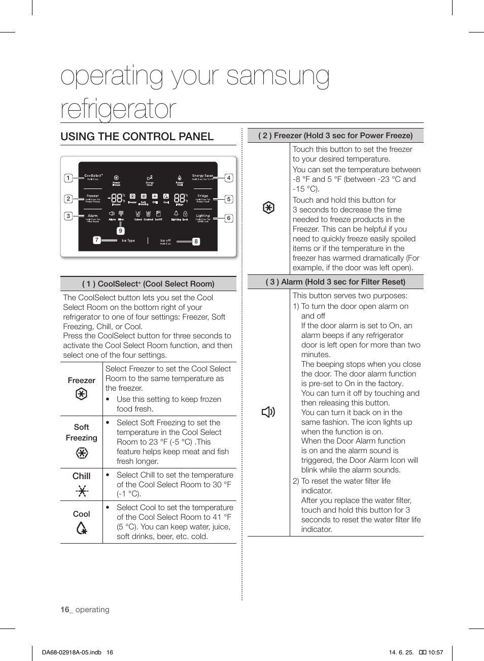Operating your samsung refrigerator, Using the control panel | Samsung