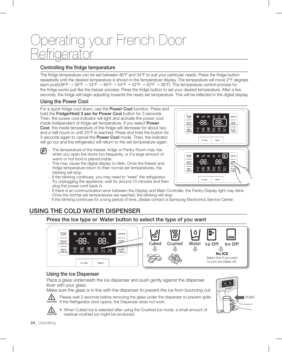 Using the cold wat er dispenser, Operating your french door