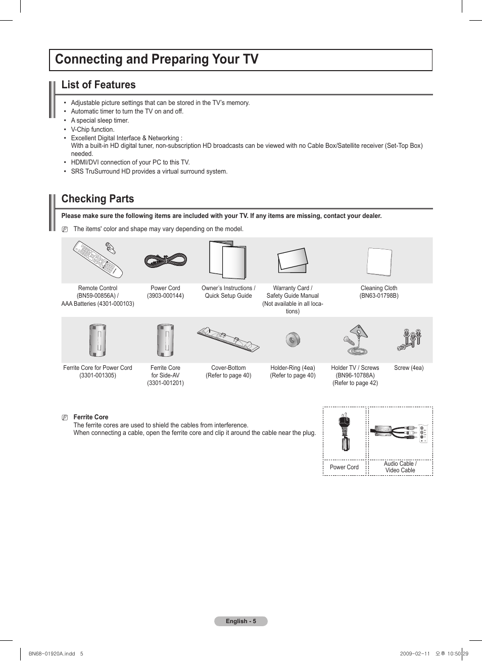 Connecting and preparing your tv, List of features, Checking parts Samsung PN42B450B1DXZA User
