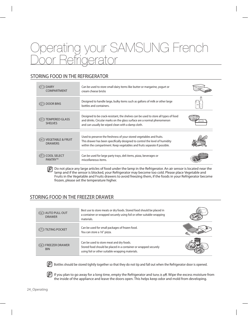 Operating your samsung french door refrigerator, Storing food in the