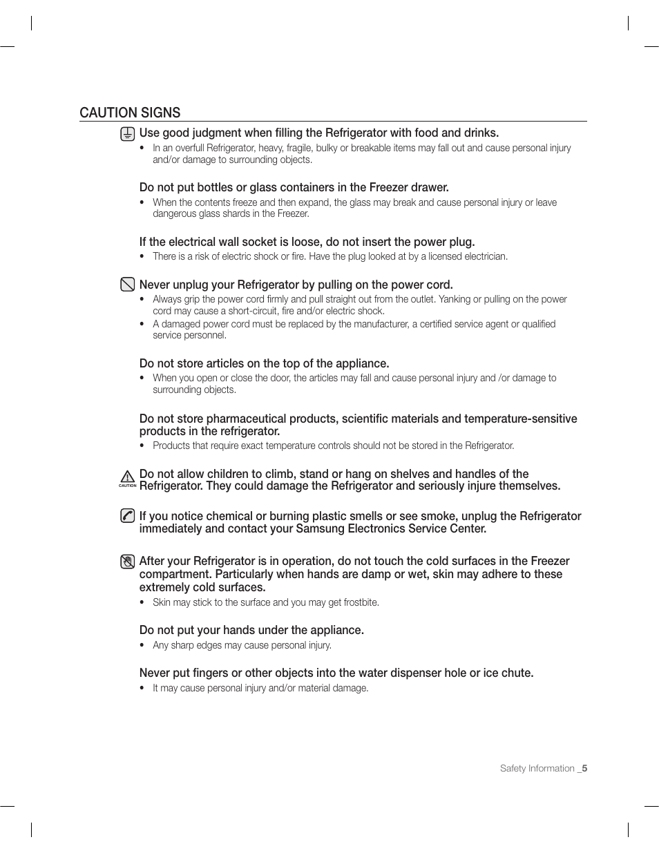 Caution signs | Samsung RF263AERS-XAA User Manual | Page 5 / 80
