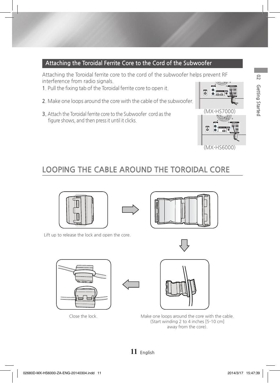 Looping the cable around the toroidal core | Samsung MX-HS7000-ZA User