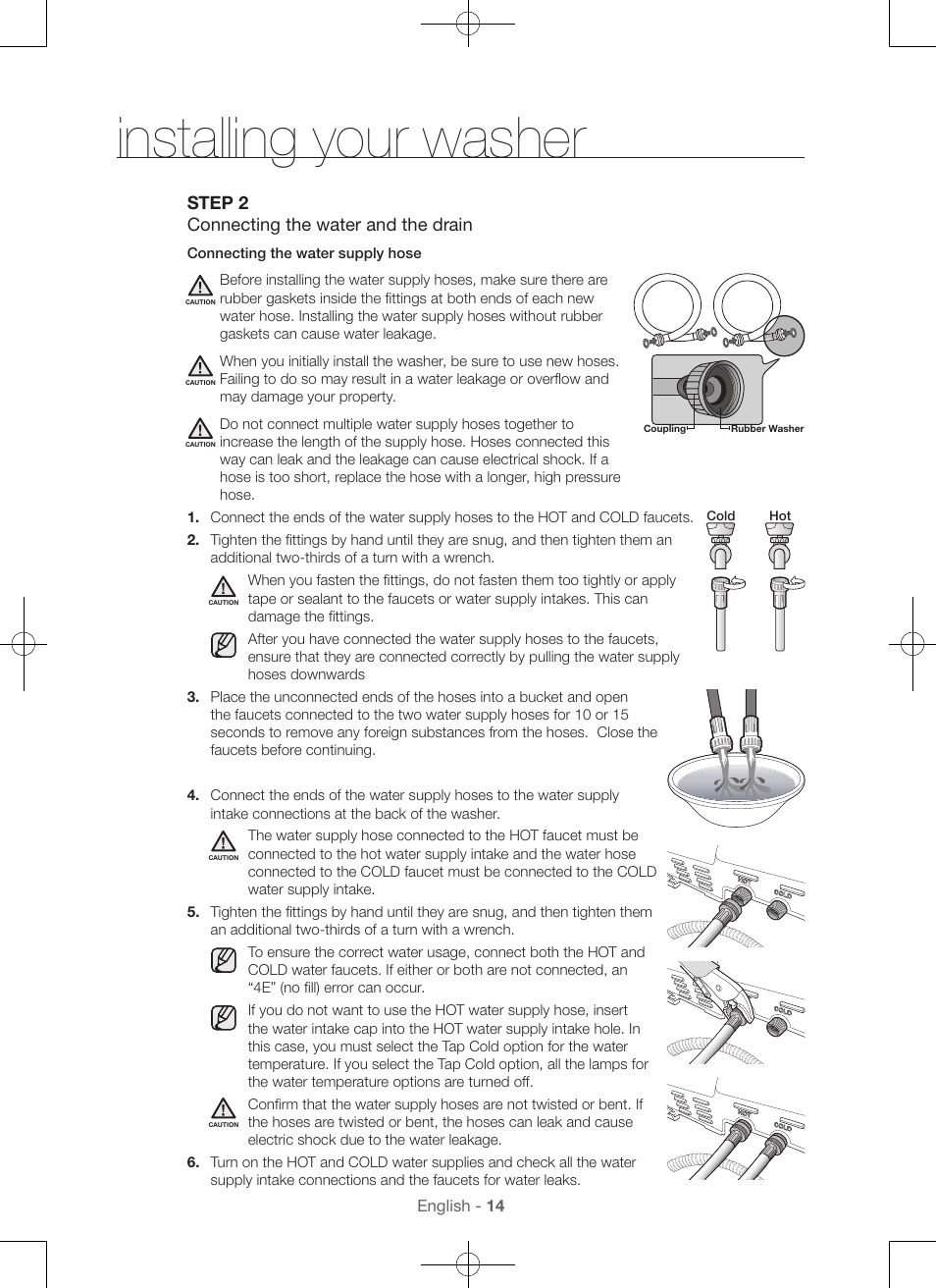 Installing your washer, Step 2 connecting the water and the drain