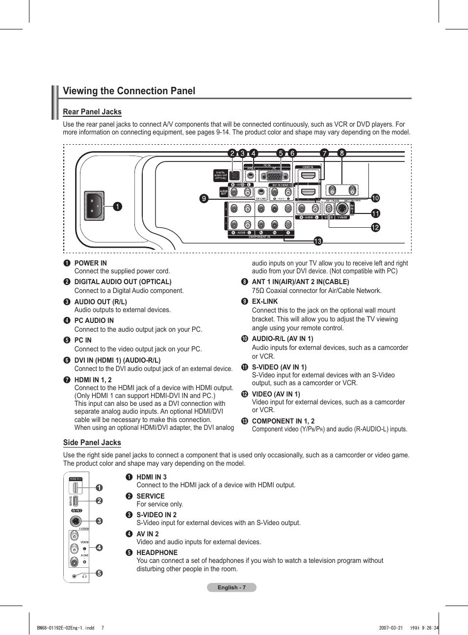 Viewing the connection panel | Samsung HPT5054X-XAA User Manual | Page