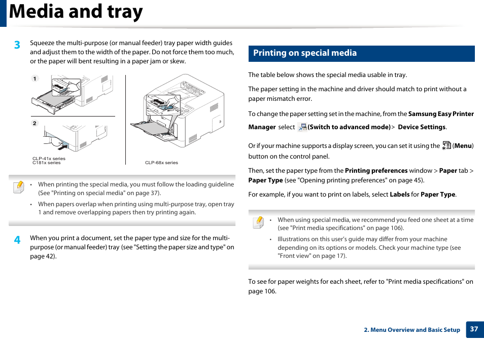 Media and tray, Printing on special media | Samsung SL-C1810W-XAA User