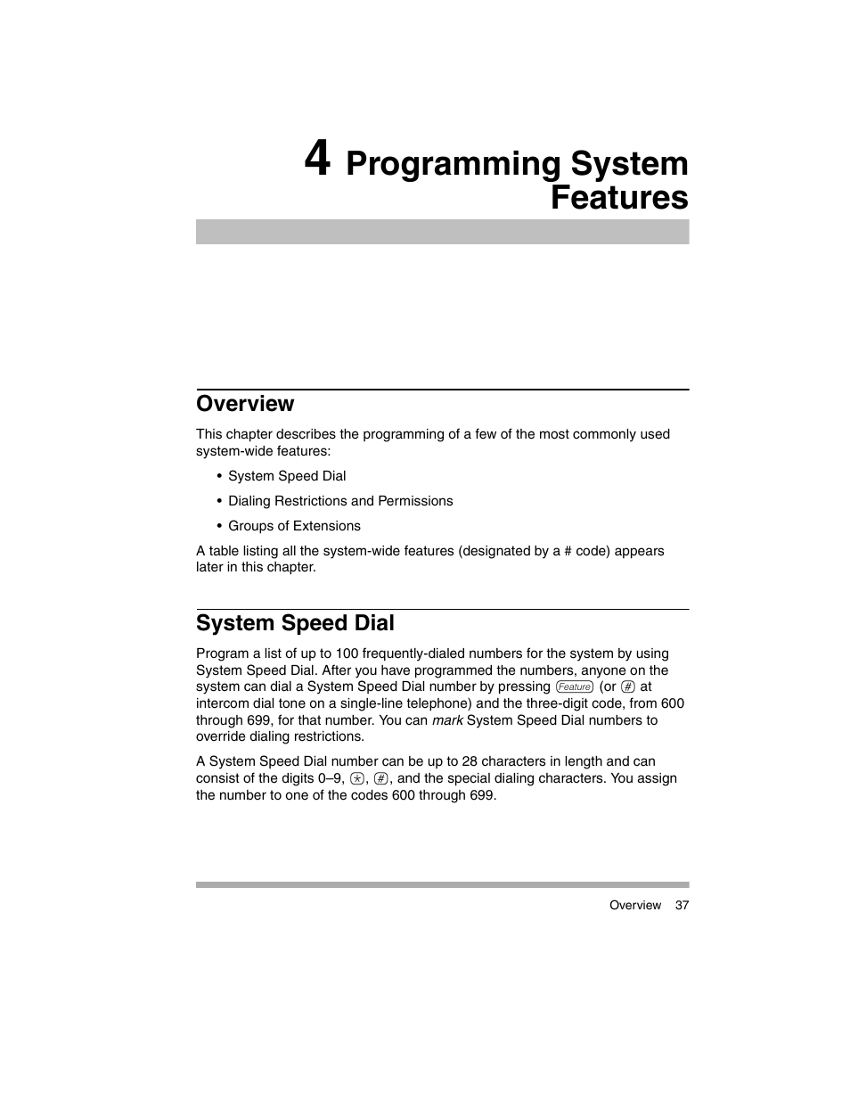 4 programming system features, Overview, System speed dial | Avaya